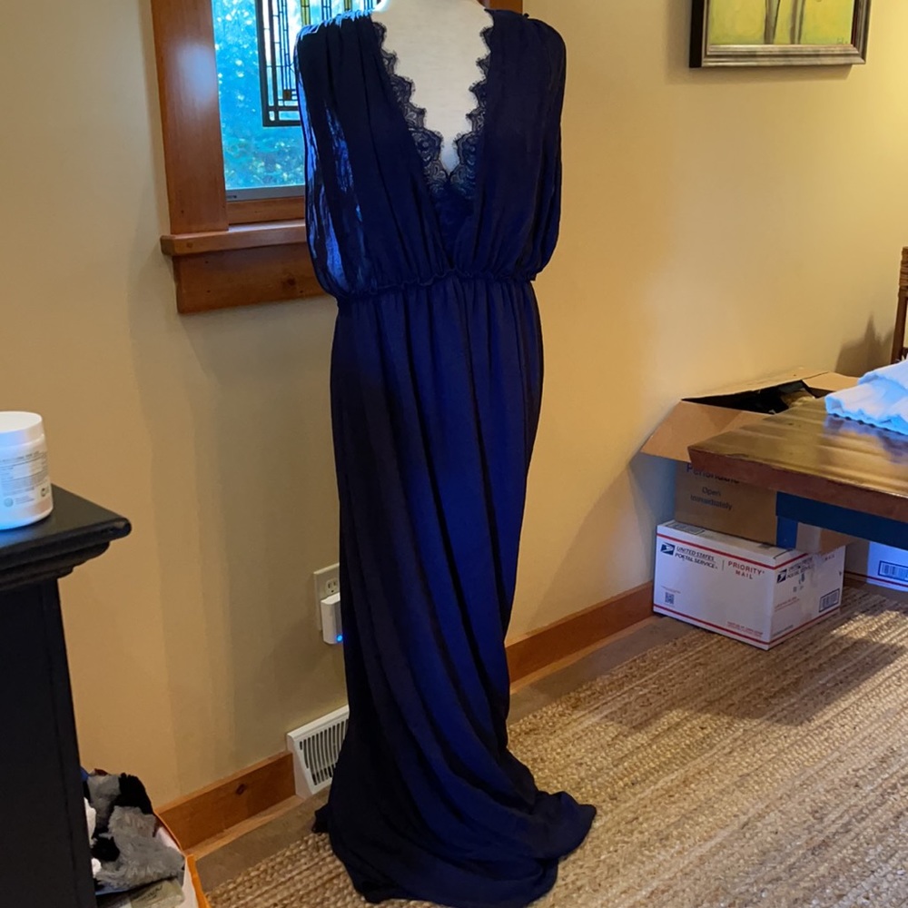 Navy Sheer Lace Formal Maxi Dress Deep Plunge Coquette Wedding Party Size 16